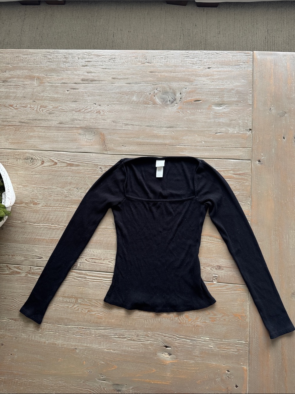 H&M Black Ribbed Long Sleeve Square Neck Top